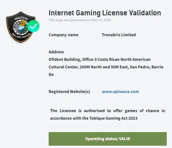 Spin Aura Casino licence